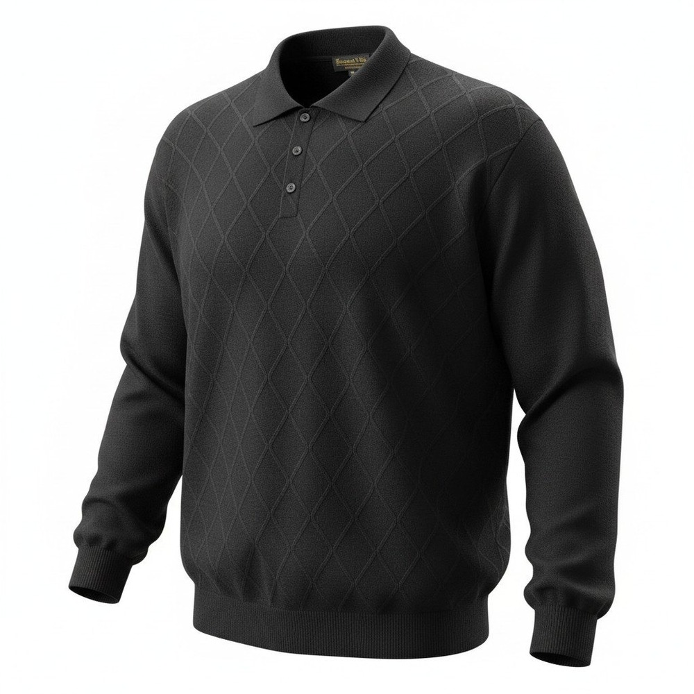 Roberto Villini Collezione Men XXL Black Diamond Knit Long Sleeve Polo Sweater